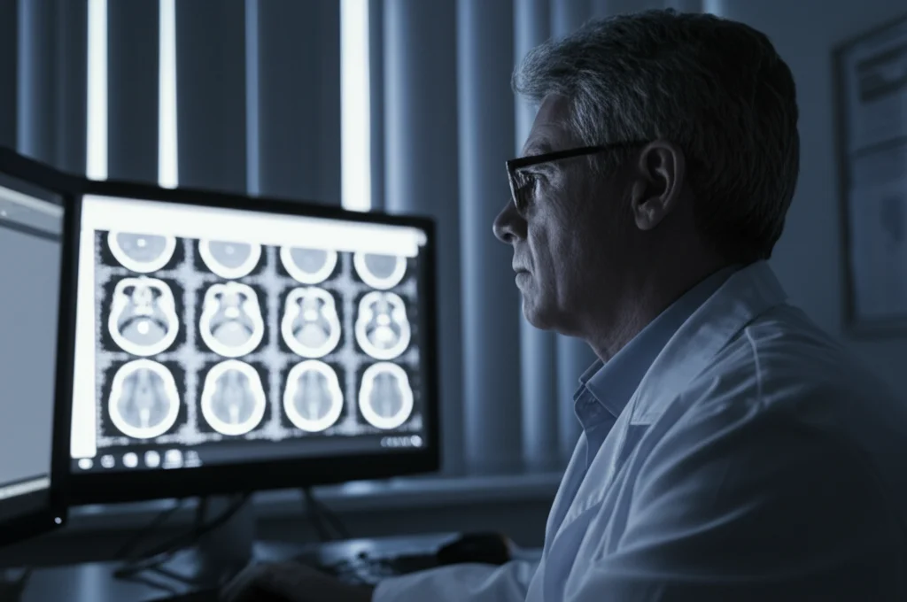 Ritratto fotografico di un neurologo che esamina attentamente una scansione cerebrale (TC o RM) su un monitor luminoso in una stanza poco illuminata. Lente prime 35mm, bianco e nero, profondità di campo, espressione concentrata.