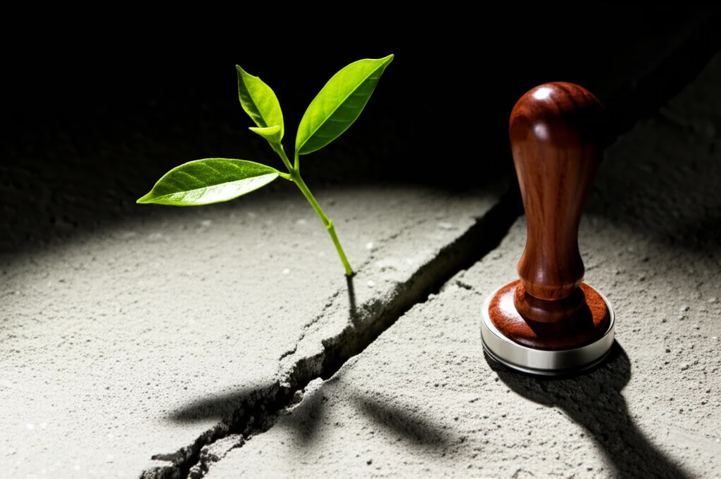 Immagine macro di un timbro ufficiale che viene apposto su un documento legale accanto a una piccola pianta che cresce da una crepa nel cemento, simboleggiando l'interazione tra regole formali (timbro) e l'emergere dell'imprenditoria sociale (pianta). Obiettivo macro 85mm, messa a fuoco precisa sul timbro e sulla pianta, luce laterale drammatica.