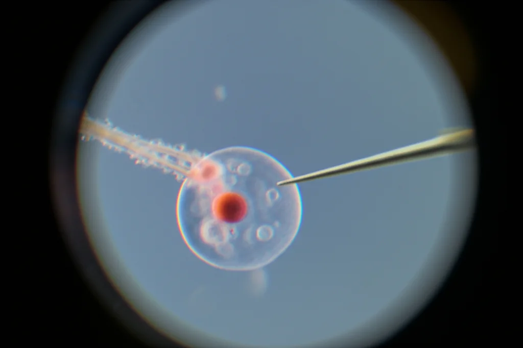 Primo piano di un embriologo che esegue una procedura ICSI al microscopio in un laboratorio di fecondazione assistita, luce controllata, lente macro 100mm, alta definizione, focus preciso sulla micropipetta che tiene l'ovocita.