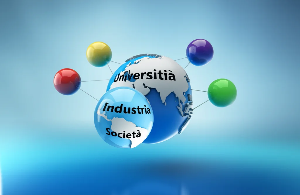 Illustrazione concettuale del modello Quadruple Helix: quattro sfere interconnesse rappresentanti Università, Industria, Governo e Società, che fluttuano in un ambiente digitale astratto. Stile fotografia still life, obiettivo 60mm macro, alta definizione, colori distinti per ogni sfera, illuminazione soffusa.