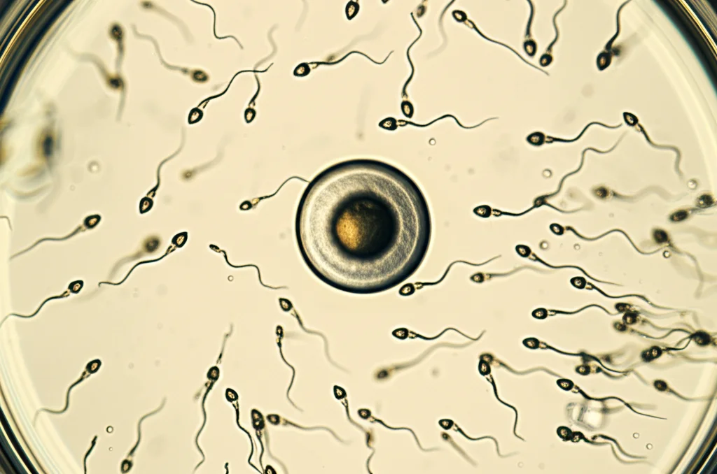 Immagine macro di un ovocita umano circondato da spermatozoi in una piastra di Petri durante una procedura FIVET, luce di laboratorio, obiettivo macro 60mm, alta definizione, focus sull'interazione ovocita-spermatozoi.