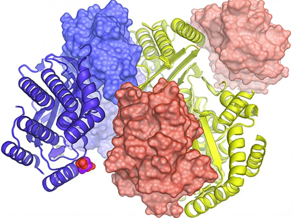 Simulazione di dinamica molecolare che mostra il complesso proteico DesK-DesR. La variante DesK H335Y (in blu) interagisce con DesR (in rosso/giallo). Si evidenzia la stretta vicinanza tra Tyr335 di DesK e l'elica alpha2 di DesR, e il dominio HTH di DesR (viola) in una conformazione estesa 'attiva'. Visualizzazione scientifica 3D, high detail, precise focusing.