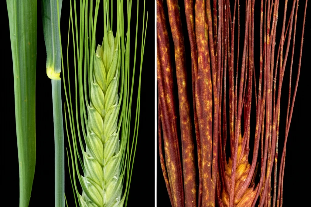Macro fotografia, obiettivo 90mm, che mostra steli di grano sani e verdi a sinistra, contrastati con steli di grano a destra gravemente infetti da pustole rosso-marroni della ruggine nera dello stelo, dettaglio elevato, illuminazione controllata.