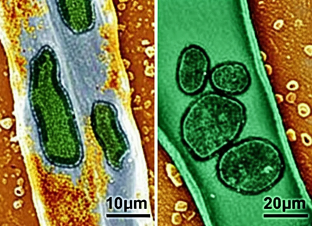 Immagine stile microscopio elettronico a trasmissione (TEM), che mostra un confronto fianco a fianco: a sinistra, una cellula vegetale di grano danneggiata dalla ruggine con evidente plasmolisi e cloroplasti distorti; a destra, una cellula vegetale di grano trattata con T1 (Trichoderma + tartrato di potassio) che mostra membrane cellulari intatte e cloroplasti ben strutturati, dettaglio elevato.