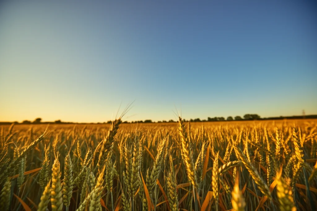 Paesaggio grandangolare, obiettivo 20mm, che mostra un campo di grano maturo, sano e rigoglioso sotto un cielo sereno al tramonto (golden hour), simbolo di un raccolto abbondante grazie al trattamento efficace con T1, messa a fuoco nitida, colori caldi.