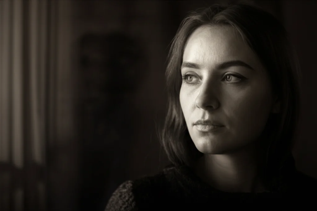 Ritratto fotografico di una giovane donna con espressione pensierosa e intensa, quasi ossessiva, mentre guarda fuori da una finestra. Stile 35mm portrait, duotono seppia e grigio, profondità di campo ridotta per isolare il soggetto.