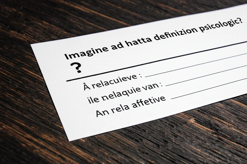 Immagine macro ad alta definizione di un questionario psicologico su un tavolo di legno scuro, con focus su una domanda relativa alle relazioni affettive. Lente macro 100mm, illuminazione laterale controllata per enfatizzare la texture della carta.