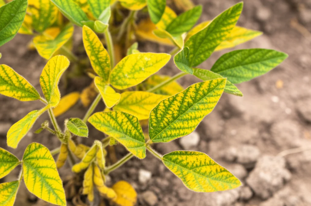 Fotografia macro di foglie di soia ingiallite che mostrano clorosi intervenale dovuta a carenza di ferro, su sfondo di terreno secco e alcalino. Lente macro 85mm, alta definizione, luce naturale controllata per evidenziare il contrasto tra nervature verdi e tessuto fogliare giallo.