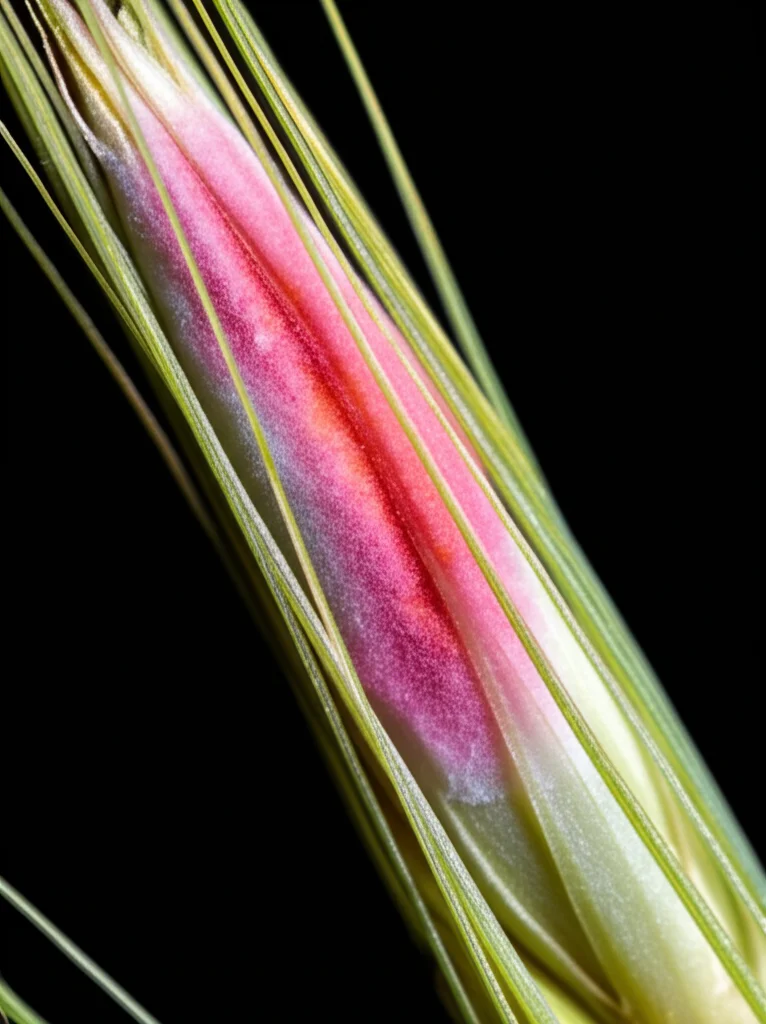 Primo piano macro di una spiga di grano infetta da Fusarium, con evidenti segni rosa/arancio della malattia sulla superficie dei chicchi. Obiettivo macro 90mm, alta definizione, illuminazione laterale controllata per evidenziare la texture del fungo e del chicco malato.
