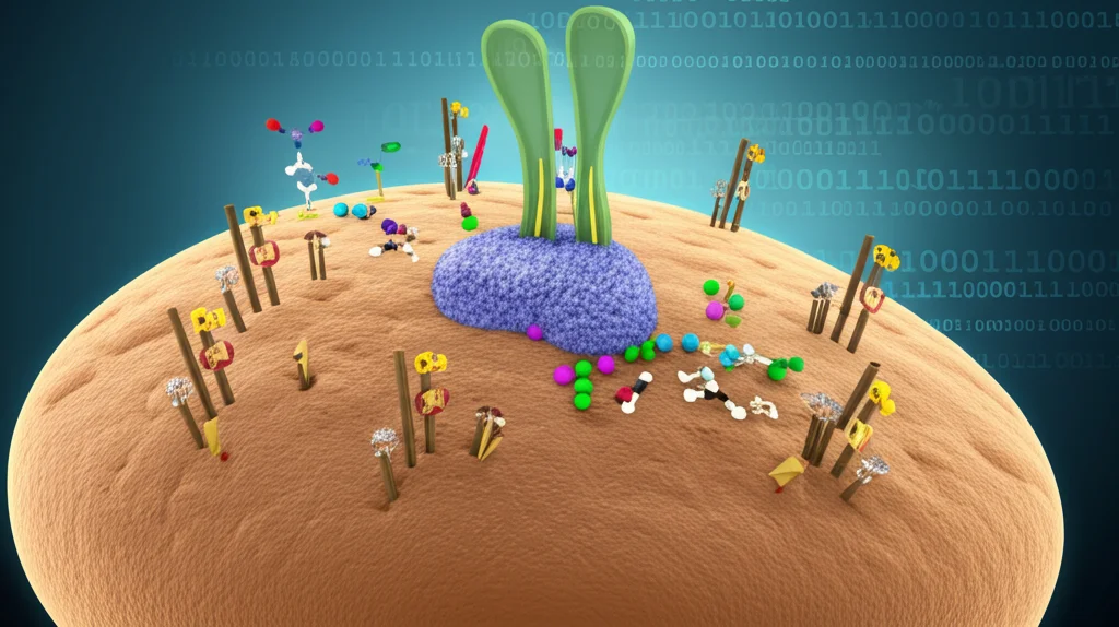 Visualizzazione 3D astratta che illustra la cascata di segnali AKT/mTOR all'interno di una cellula, con molecole fosforilate evidenziate, rappresentazione schematica su sfondo digitale, alta definizione, colori brillanti per indicare l'attivazione.