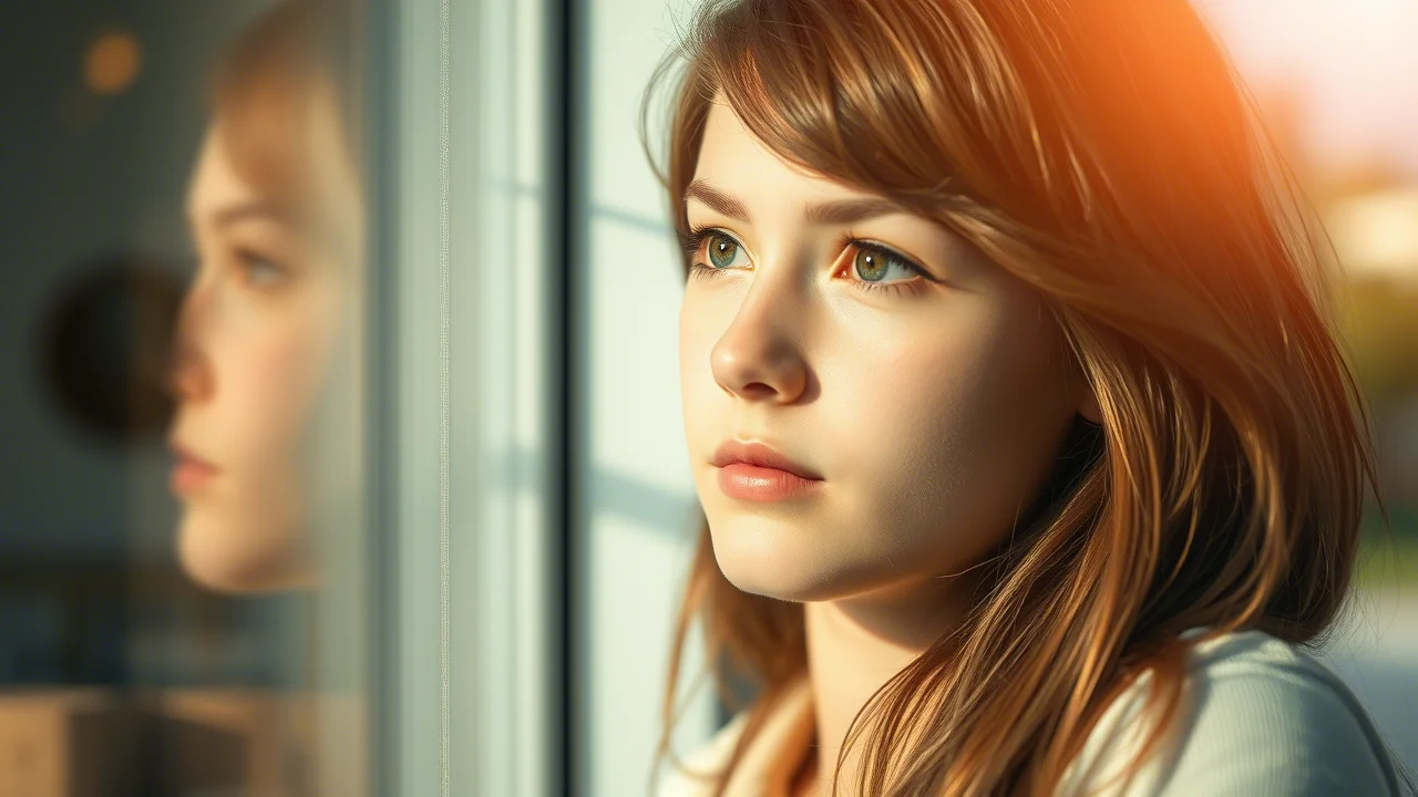 Ritratto fotografico di un'adolescente pensierosa ma con uno sguardo carico di speranza, mentre guarda fuori da una finestra in una giornata di sole. Luce naturale morbida che ne illumina il volto. Prime lens, 35mm, depth of field, colori caldi e tenui.