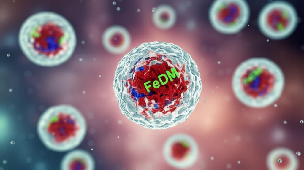 Visualizzazione 3D scientifica ultra-realistica di nanoparticelle polimeriche sferiche (PLGA) che incapsulano molecole di chelato di ferro (FeDM), sospese in una soluzione acquosa. Illuminazione da laboratorio, focus selettivo sulle particelle, sfondo leggermente sfocato.