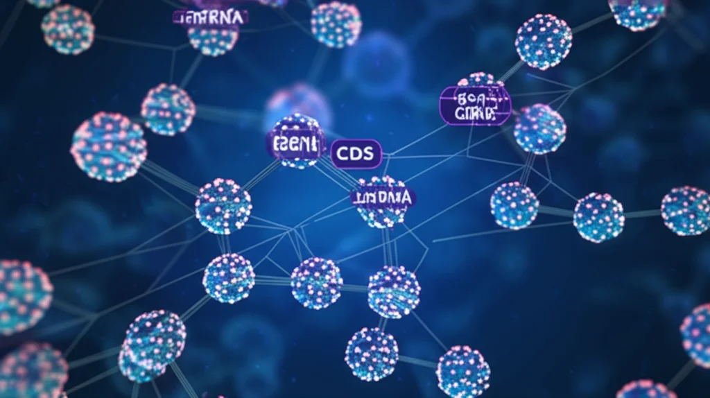 Visualizzazione astratta 3D di una rete molecolare complessa, con sfere luminose interconnesse che rappresentano miRNA, lncRNA e geni (CDS). Linee di collegamento brillanti su sfondo blu scuro, a simboleggiare le interazioni regolative nel genoma del grano durante l'infezione da Fusarium. Stile high-tech.