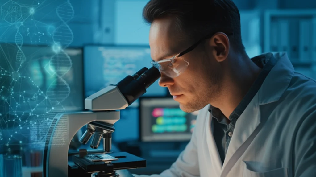 Ricercatore in laboratorio che osserva al microscopio campioni di tessuto di grano. Sullo sfondo, schermi con visualizzazioni di sequenze di DNA/RNA e reti molecolari. Illuminazione da laboratorio, focus sul ricercatore e sul microscopio. Stile documentaristico scientifico.