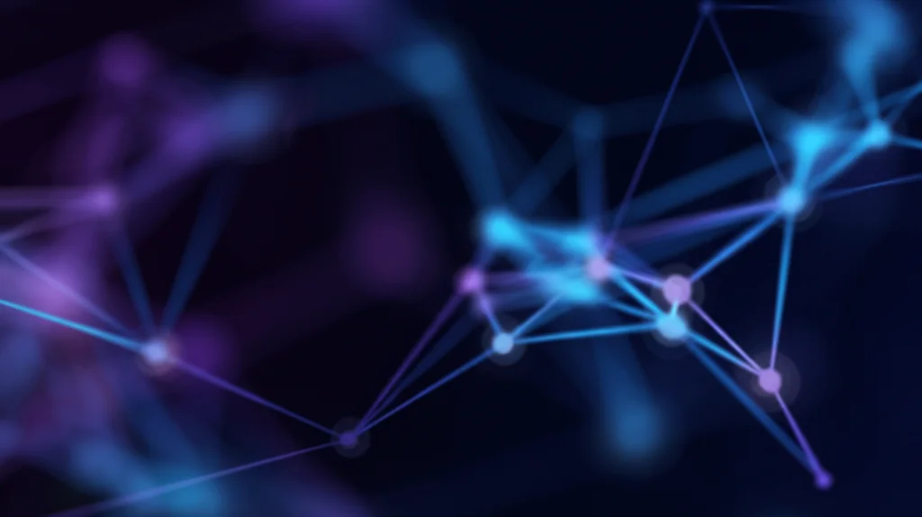 Visualizzazione astratta di una rete complessa di linee luminose interconnesse che rappresentano le interazioni fisiologiche, con colori blu e viola duotone, profondità di campo ridotta, obiettivo 35mm.