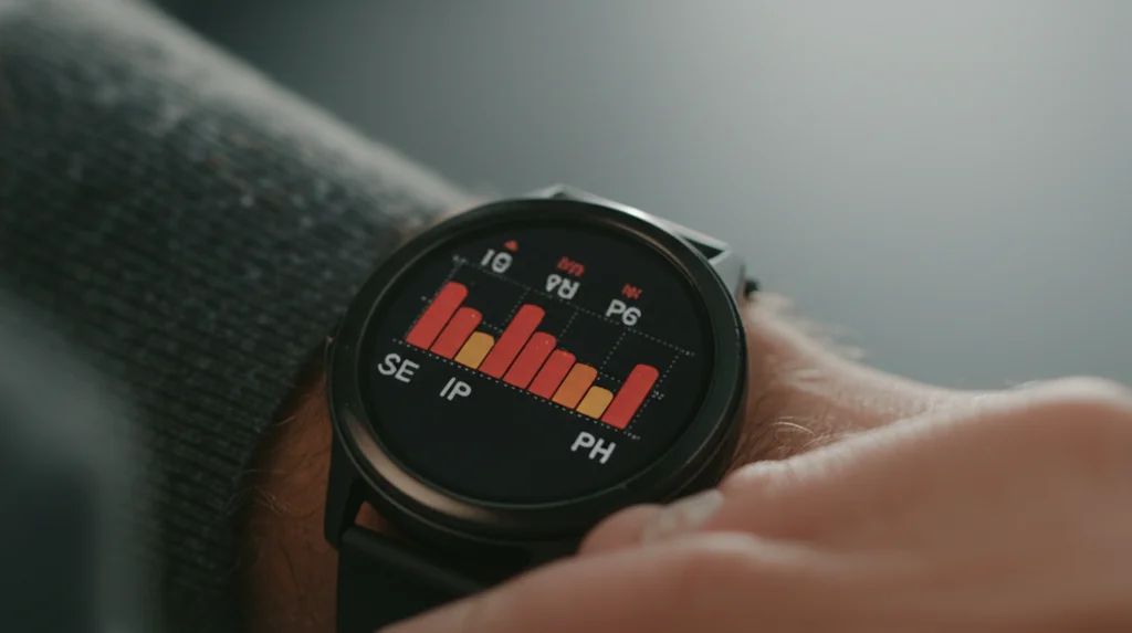 Primo piano di uno smartwatch moderno che mostra un grafico PPG stilizzato e valori di biomarker (SE, IP, PH) sullo schermo, luce ambientale morbida, obiettivo 50mm.