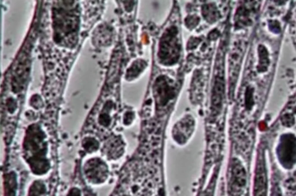 Macro fotografia di podociti renali in coltura cellulare, 60mm macro lens, alta definizione, illuminazione controllata, che mostrano segni di stress indotto da LPS, con alcuni mitocondri visibilmente alterati.