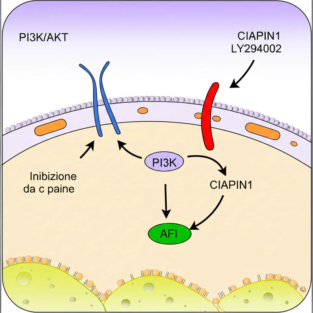 Illustrazione schematica della via di segnalazione PI3K/AKT all'interno di una cellula podocitaria, con frecce che indicano l'attivazione da parte di CIAPIN1 e l'inibizione da LY294002, stile infografica scientifica chiara e colorata.