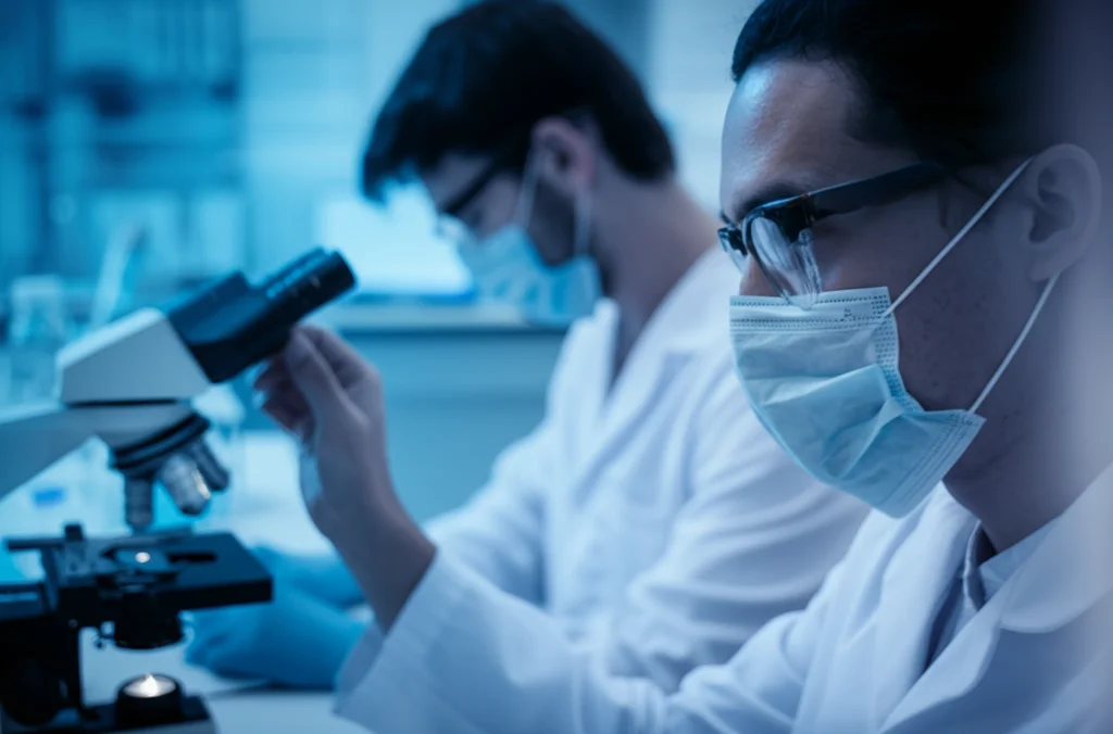 Fotografia di un laboratorio di ricerca medica, prime lens 35mm, con microscopi, provette e scienziati al lavoro in background sfocato (depth of field), tonalità duotone blu e grigio per un'atmosfera high-tech e focalizzata.