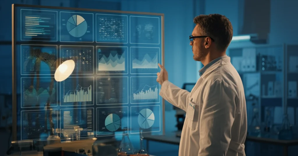 Un ricercatore scientifico in camice bianco che osserva attentamente grafici complessi e dati statistici visualizzati su un grande schermo digitale in un moderno laboratorio di ricerca, luce ambientale controllata, focus sullo schermo luminoso, obiettivo 50mm, atmosfera high-tech.