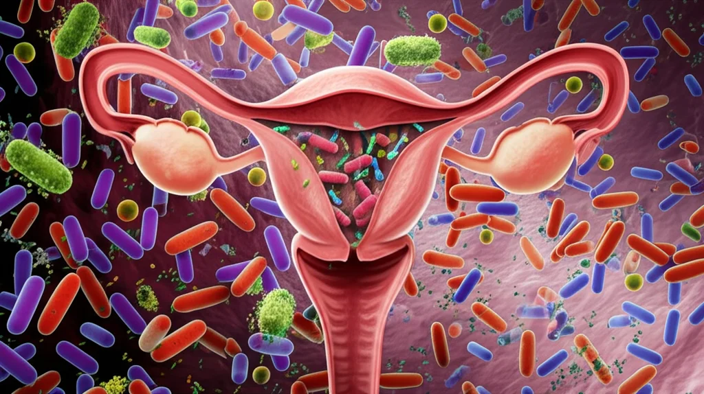 Visualizzazione artistica ma scientificamente accurata del microbioma cervicale: una metà mostra una comunità batterica densa e molto diversificata (colori vivaci e forme varie), l'altra metà una comunità meno densa e più omogenea (colori più tenui, forme simili). Illuminazione drammatica laterale, stile infografica 3D fotorealistica.