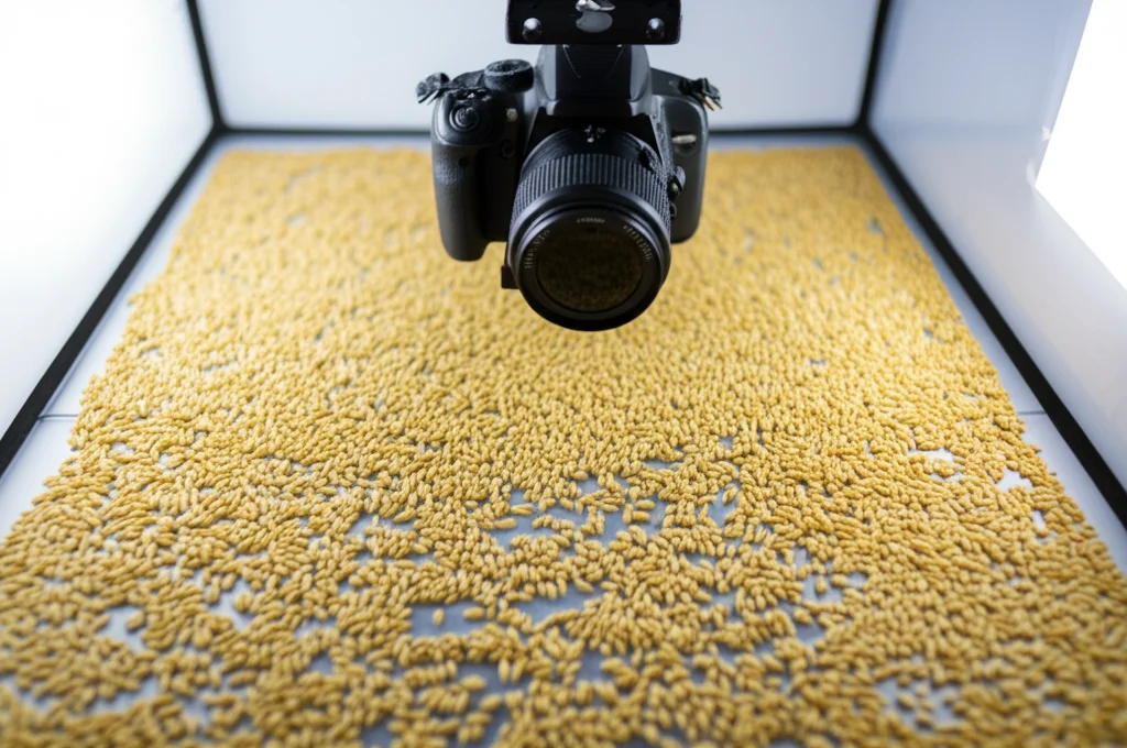 Immagine fotorealistica di un sistema di computer vision in laboratorio: una lightbox a LED illumina uniformemente alcuni chicchi di grano su una superficie neutra, una fotocamera digitale montata sopra cattura l'immagine. Obiettivo macro 60mm, illuminazione controllata e diffusa, alta definizione dei dettagli dei chicchi, sfondo pulito.