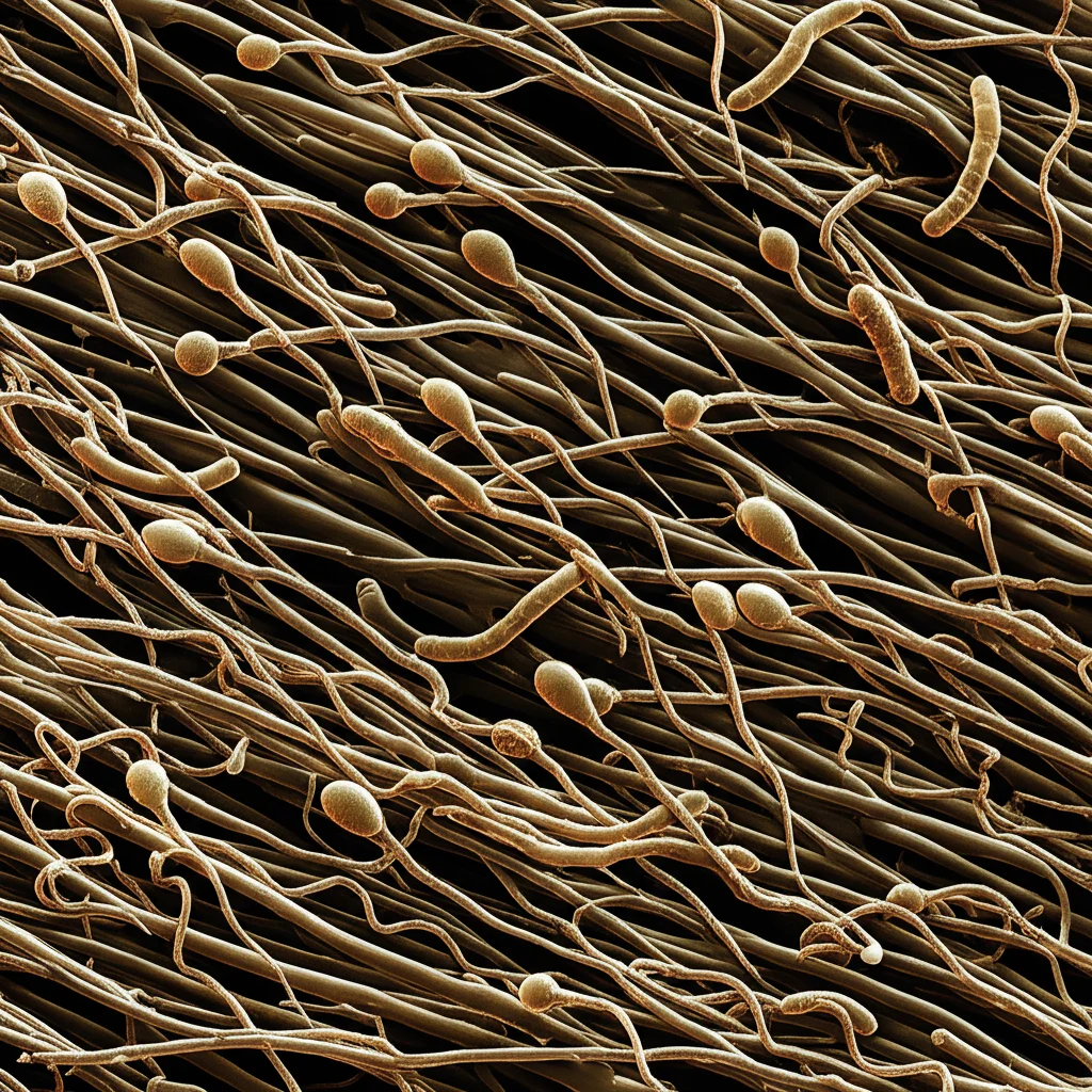 Micrografia elettronica simulata ad altissima risoluzione (stile SEM) che mostra spermatozoi ovini che cercano di navigare attraverso muco cervicale denso, con varie forme batteriche (stilizzate ma riconoscibili come cocchi, bacilli, spirochete) visibili adese al muco e agli spermatozoi. Dettaglio estremo, illuminazione scientifica.