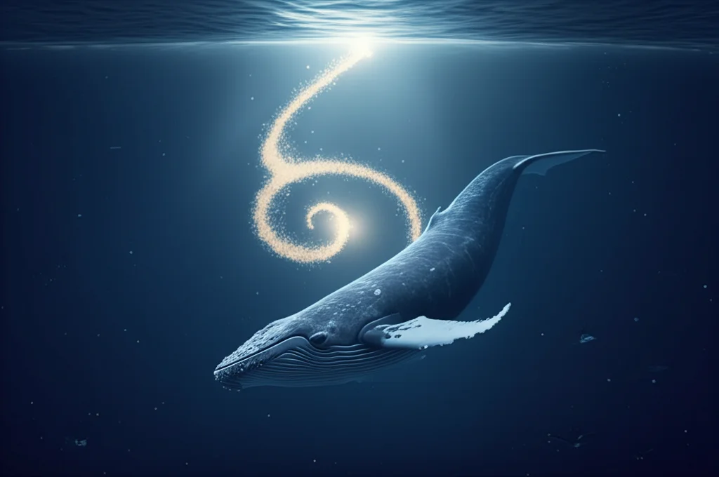 Illustrazione fotorealistica concettuale dell'algoritmo Whale Optimization (WOA): una megattera stilizzata ma realistica nuota in un oceano digitale blu scuro, creando una spirale ascendente di bolle luminose (che rappresentano le features) attorno a un punto luminoso centrale (la feature ottimale). Luce subacquea suggestiva, alta definizione.