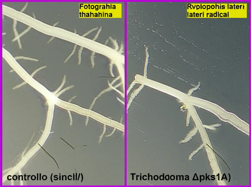 Fotografia macro di radici di Arabidopsis thaliana che crescono su un terreno agarizzato in una piastra di Petri, obiettivo macro 60mm, messa a fuoco precisa. Si notano chiaramente le differenze nello sviluppo delle radici laterali tra una pianta controllo (sinistra) e una pianta in co-coltura con il mutante Trichoderma Δpks1A (destra), che mostra una ramificazione radicale più abbondante.