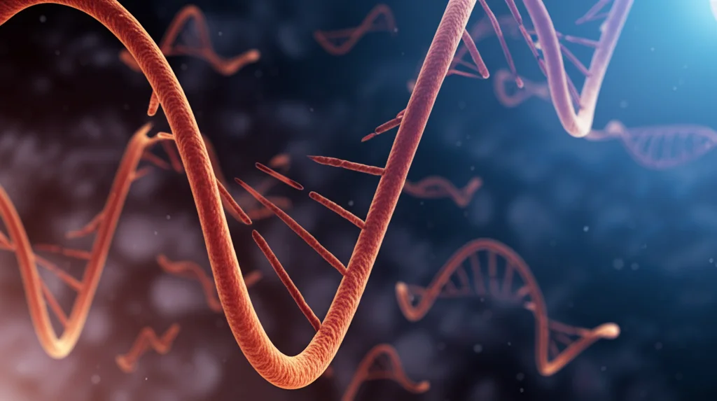 Primo piano macro di filamenti di RNA stilizzati che fluttuano in un ambiente cellulare astratto, illuminazione controllata, obiettivo macro 100mm, alta definizione, sfondo scuro e sfocato.