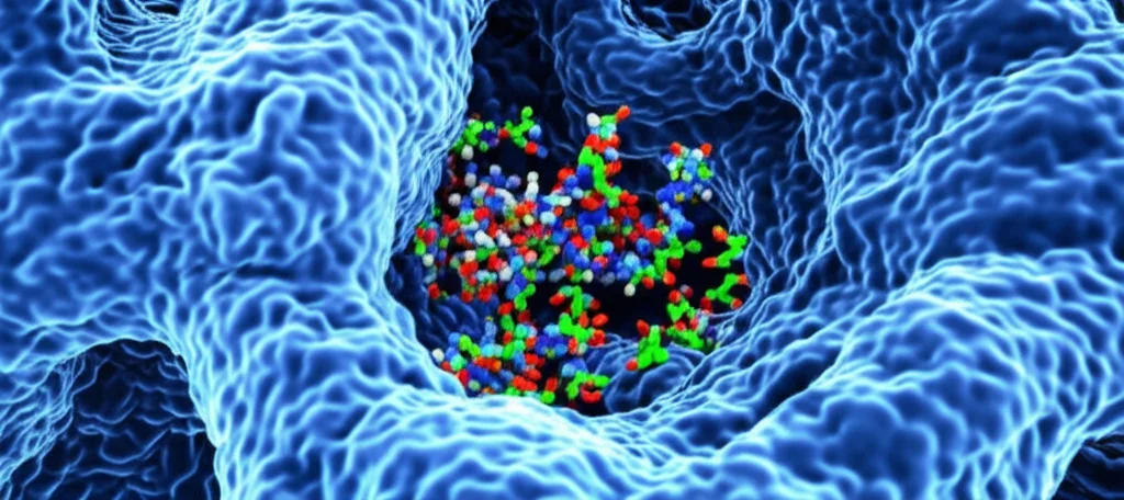 Macro lens, 80mm, high detail, precise focusing, controlled lighting, visualizzazione 3D della proteina canale TMEM16A su uno schermo di computer, con piccole molecole colorate (composti candidati) che si legano a una tasca specifica nella regione del poro, in un ambiente di laboratorio high-tech.