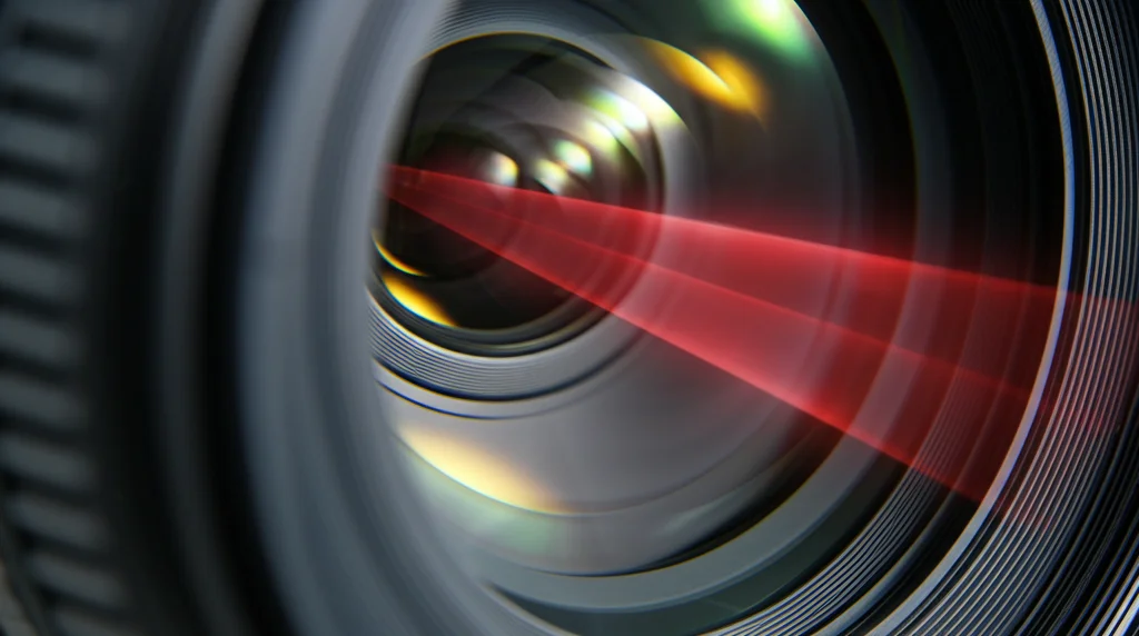 Sezione trasversale fotorealistica di un obiettivo fotografico complesso, con un singolo raggio di luce 'fantasma' evidenziato in rosso che rimbalza 5 volte tramite riflessione totale interna all'interno di una singola lente. Effetto 'glow' sul raggio fantasma. Obiettivo macro, 85mm, profondità di campo ridotta per focalizzare sul raggio, illuminazione da studio drammatica.