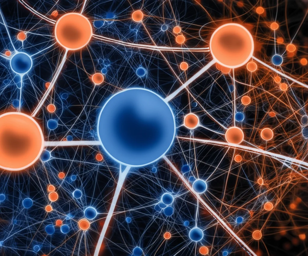 Visualizzazione astratta di una complessa rete di vie di segnalazione cellulare illuminate, con nodi luminosi che rappresentano geni target, stile infografica scientifica, messa a fuoco nitida, colori blu e arancio duotone.