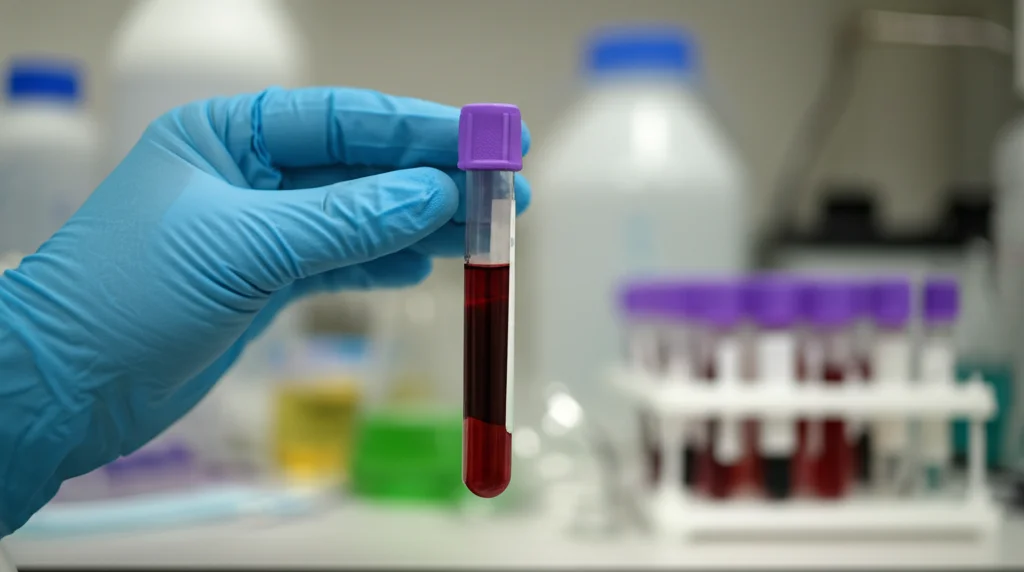 Fotografia di una provetta di siero sanguigno tenuta da una mano guantata in un laboratorio di ricerca medica, profondità di campo ridotta, obiettivo prime 35mm, focus sulla provetta, sfondo con attrezzature di laboratorio sfocate.