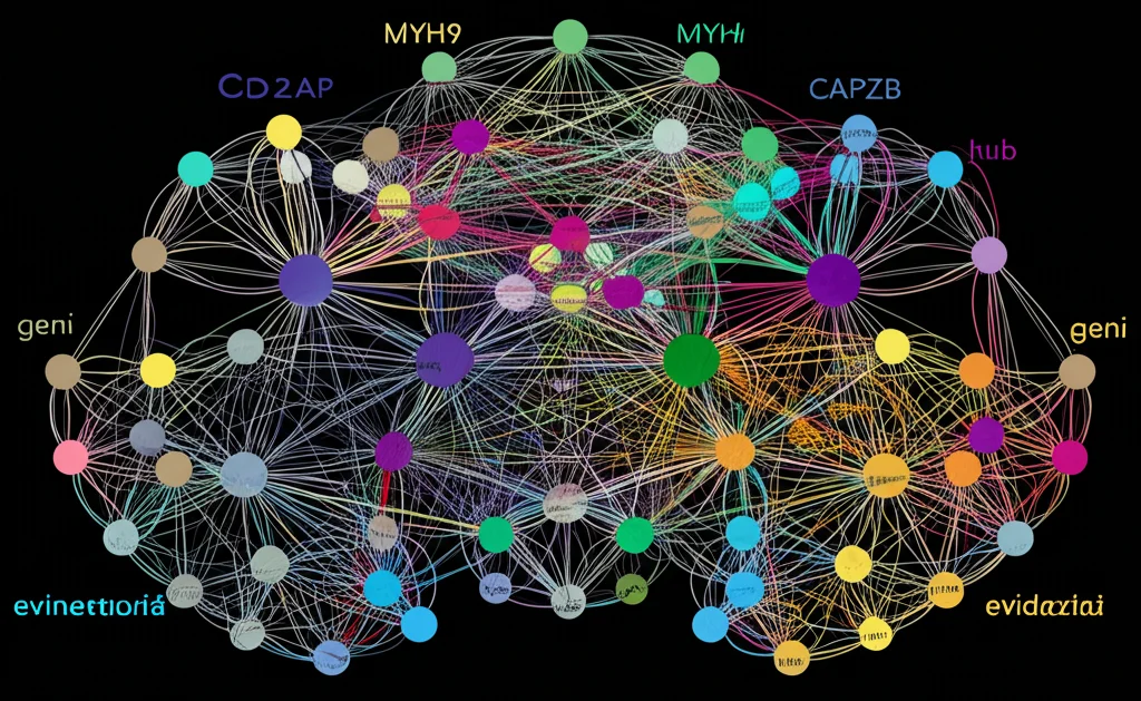 Visualizzazione 3D di una rete complessa di interazioni proteina-proteina (PPI network) relativa ai geni della disulfidptosi. Nodi colorati rappresentano i geni, con dimensioni proporzionali alla loro connettività. I geni hub come MYH9, CD2AP, CAPZB sono evidenziati. Obiettivo grandangolare 24mm per catturare l'intera rete, illuminazione diffusa per leggibilità, sfondo scuro astratto.