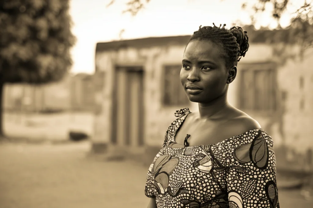 Fotografia ritratto di una giovane donna senegalese (18 anni) dall'espressione pensierosa, in piedi davanti a una semplice abitazione in un villaggio rurale del Senegal. Luce naturale morbida del mattino, obiettivo da ritratto 35mm, profondità di campo ridotta per sfocare leggermente lo sfondo. Toni duotone caldi, ocra e grigio scuro.