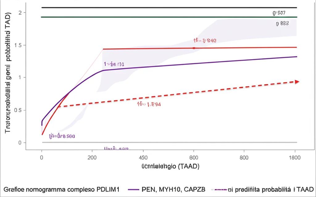 Grafico nomogramma complesso che mostra le interrelazioni tra i geni PDLIM1, MYH10, CAPZB per la predizione della probabilità di TAAD. Linee e scale numeriche indicano i contributi relativi. Stile grafico pulito, alta leggibilità dei dettagli numerici, sfondo bianco.
