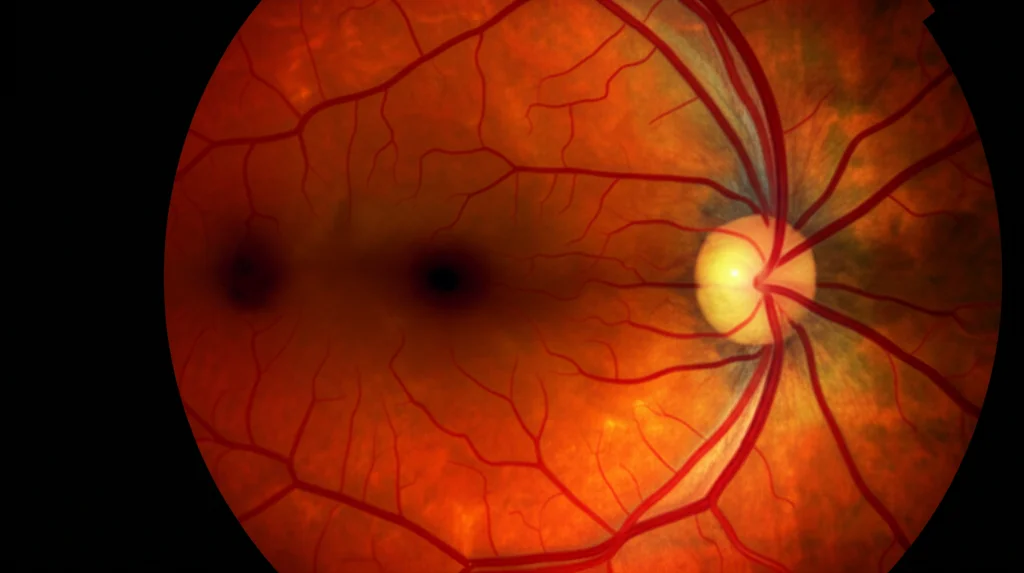 Immagine macro ad alta definizione di una scansione OCT dell'occhio umano, che mostra i dettagli intricati degli strati retinici e del nervo ottico, con illuminazione controllata per evidenziare la struttura, focale 100mm, alta precisione.