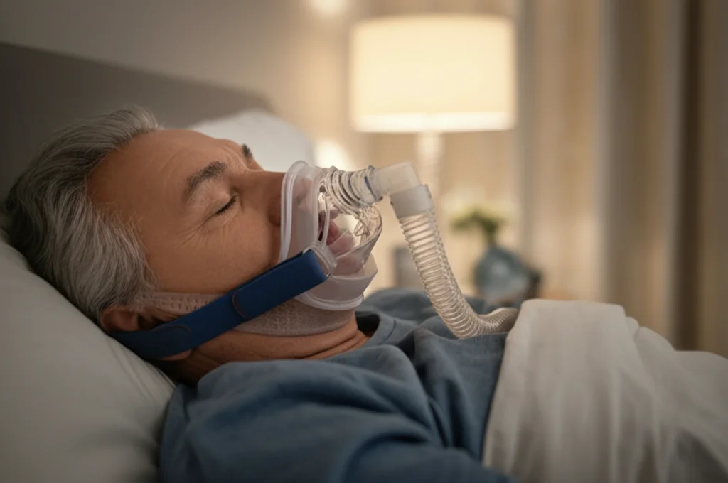 Ritratto fotografico di una persona di mezza età che dorme serenamente indossando una maschera CPAP, con una leggera profondità di campo per focalizzare l'attenzione sul comfort e sui benefici per la salute, obiettivo 35mm, toni caldi e rassicuranti.