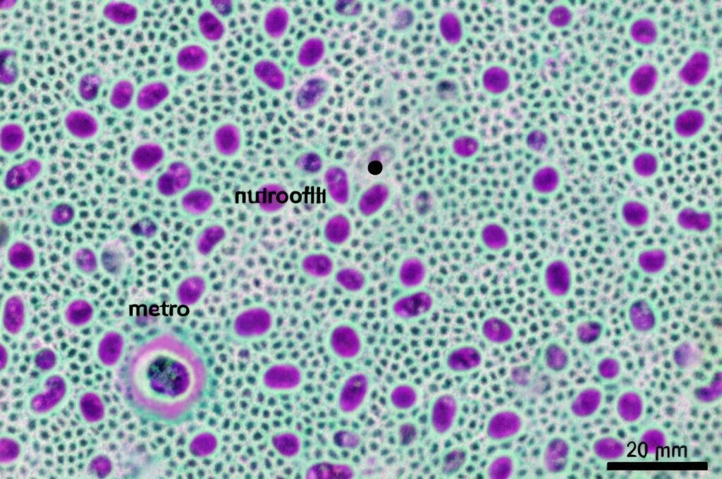 Immagine macro, 100mm, alta definizione, illuminazione controllata, che mostra cellule immunitarie neonatali, forse monociti e neutrofili, con dettagli delle strutture cellulari, simboleggiando la risposta immunitaria allenata.