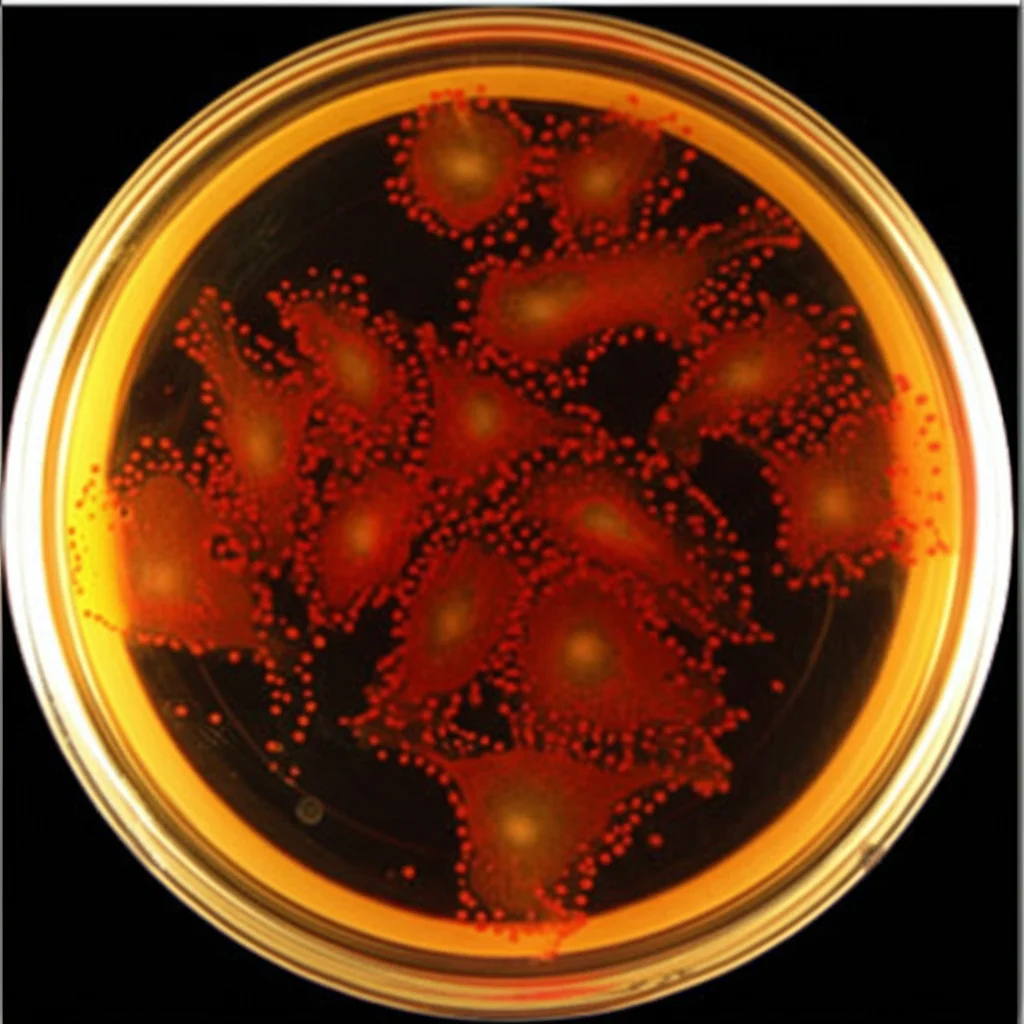 Fotografia di laboratorio, obiettivo macro 60mm, alta definizione, che mostra piastre di coltura cellulare con cellule immunitarie (splenociti) isolate da topi neonati, alcune colorate per analisi al citofluorimetro.