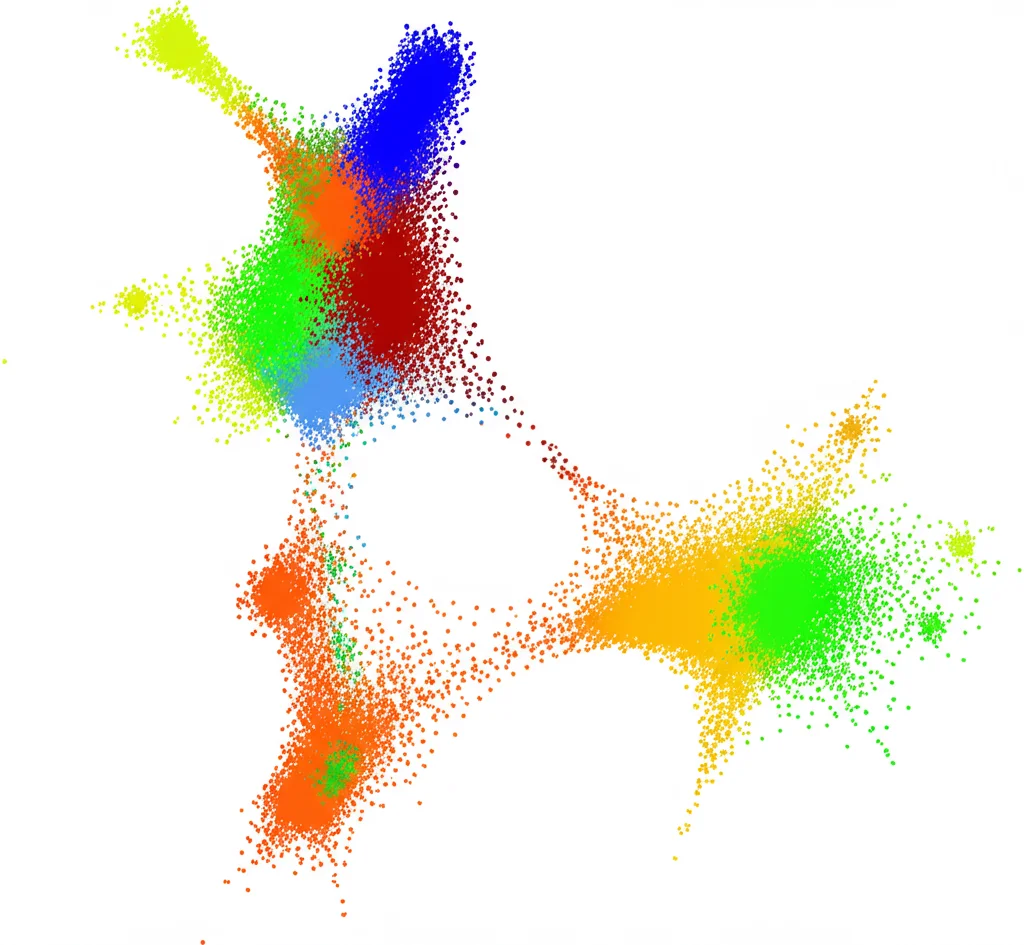 Grafico UMAP colorato derivato da analisi scRNA-seq, visualizzazione astratta di cluster di cellule immunitarie neonatali (splenociti) che mostra la separazione dei diversi tipi cellulari e le loro traiettorie di differenziazione.