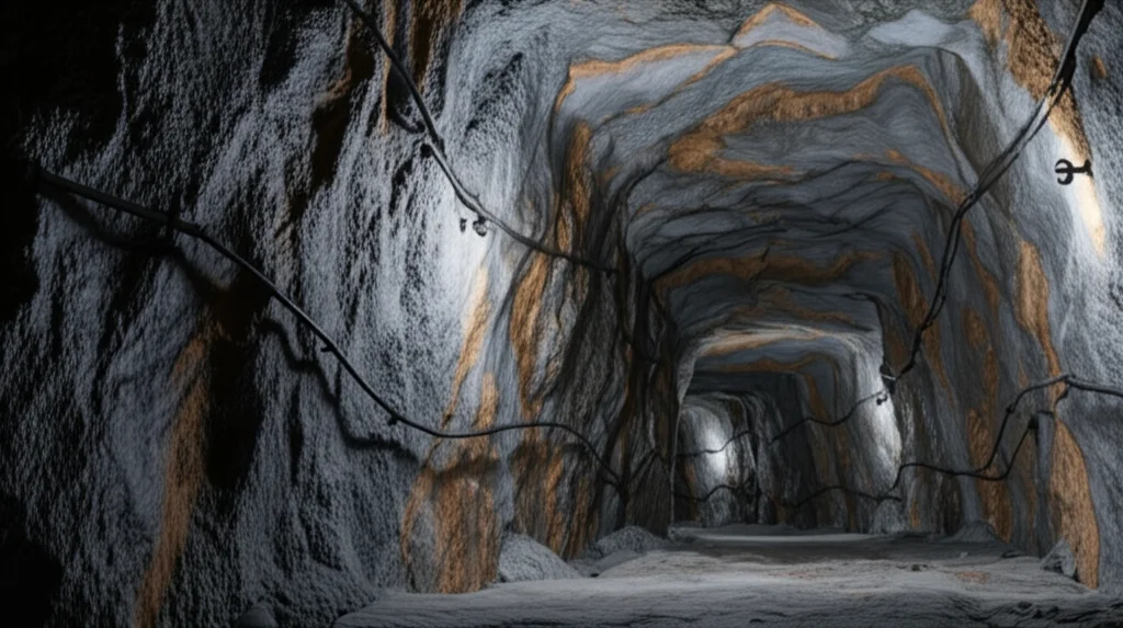 Visualizzazione 3D fotorealistica di una sezione trasversale di una miniera sotterranea profonda, che mostra i tunnel di scavo che si avvicinano a una grande faglia geologica. Illuminazione drammatica controllata, obiettivo macro 80mm per evidenziare le texture della roccia e la struttura della faglia, alto dettaglio.