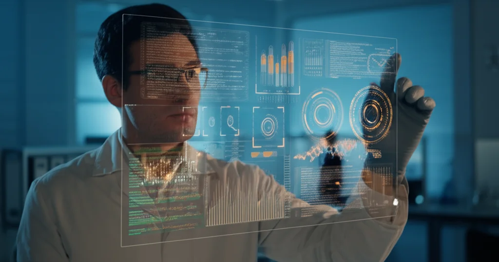 Fotografia di ritratto, stile documentaristico, un ricercatore scientifico in un laboratorio moderno che osserva dati complessi su uno schermo olografico trasparente che mostra grafici climatici e codice AI, luce soffusa da laboratorio, obiettivo 50mm, profondità di campo ridotta per mettere a fuoco il ricercatore e lo schermo.