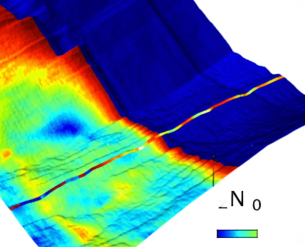 Mappa di calore scientifica fotorealistica sovrapposta a un modello 3D di una miniera e di una faglia, che mostra la concentrazione dell'energia deformativa tangenziale (Es) con colori caldi (rosso/arancione) nelle zone ad alta energia vicino al fronte di scavo e colori freddi (blu) nelle zone di rilascio energetico. Focus nitido, illuminazione controllata, obiettivo 60mm macro.