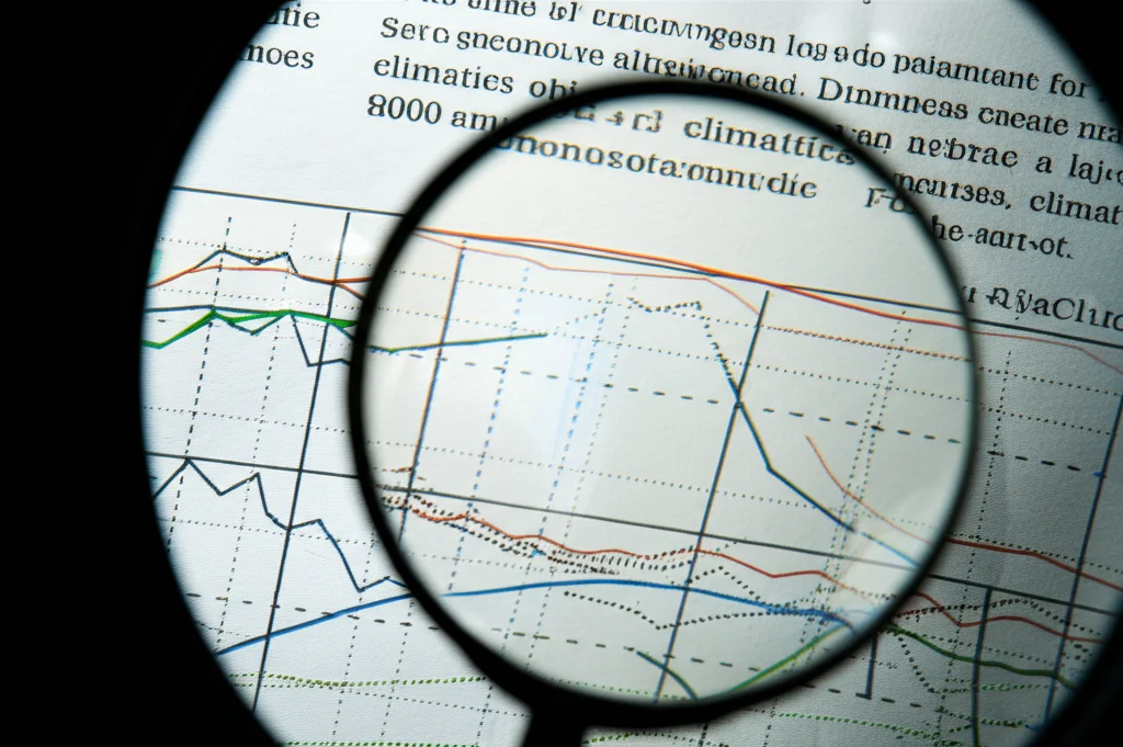 Fotografia macro, obiettivo 90mm, dettaglio di un documento scientifico cartaceo con grafici climatici complessi e testo tecnico, accanto una lente d'ingrandimento che ne evidenzia una porzione, illuminazione laterale drammatica per creare ombre e texture sulla carta.