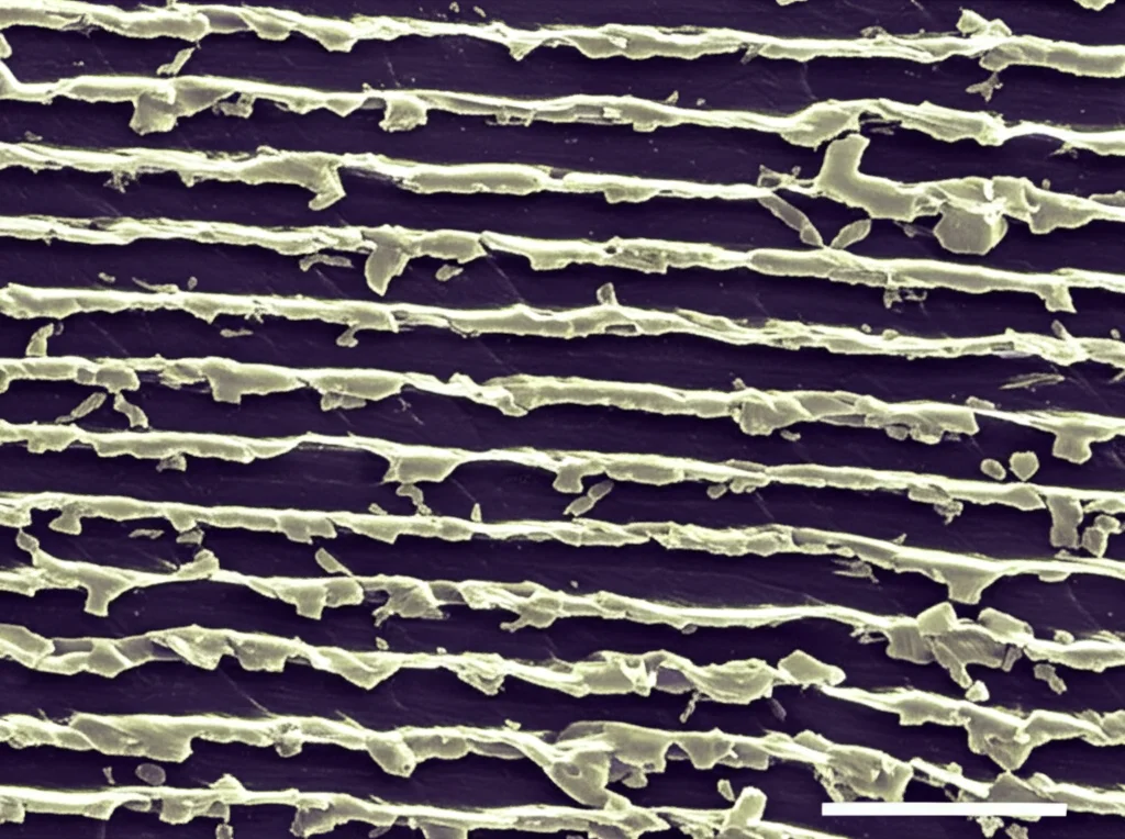 Immagine macro fotorealistica della superficie di una membrana TFC poliammidica vista al microscopio elettronico (SEM), obiettivo macro 100mm, alta definizione, illuminazione controllata, che mostra la caratteristica struttura 'ridge-and-valley' (creste e valli) e la sottostante struttura globulare densamente impaccata.
