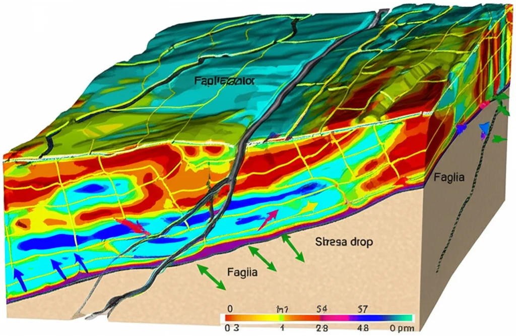 Simulazione numerica fotorealistica che mostra una sezione di faglia geologica con vettori che indicano lo scorrimento cosismico e una mappa di colori che rappresenta lo stress drop. Dettaglio elevato sulla superficie della faglia, obiettivo macro 100mm, illuminazione precisa per enfatizzare le differenze di stress drop dovute a diversi livelli di coesione della faglia.