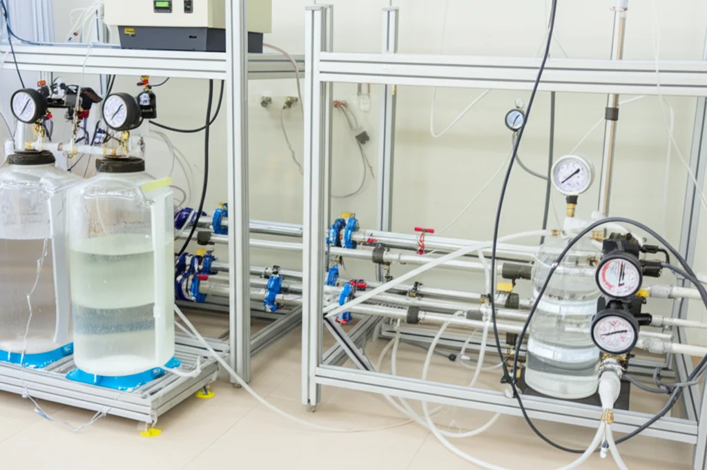 Fotografia realistica di un setup di test per osmosi inversa in laboratorio, obiettivo prime 35mm, profondità di campo. Si vedono moduli di membrana cross-flow collegati a tubi, pompe e manometri, con contenitori di acqua di alimentazione (salina) e permeato (purificata).