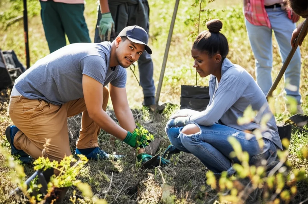 Fotografia sportiva/azione, teleobiettivo 200mm, velocità otturatore alta, persone di diversa estrazione sociale che lavorano insieme per piantare alberi in un'area urbana degradata, movimento catturato mentre piantano e si passano attrezzi, luce solare intensa, espressioni concentrate ma positive.